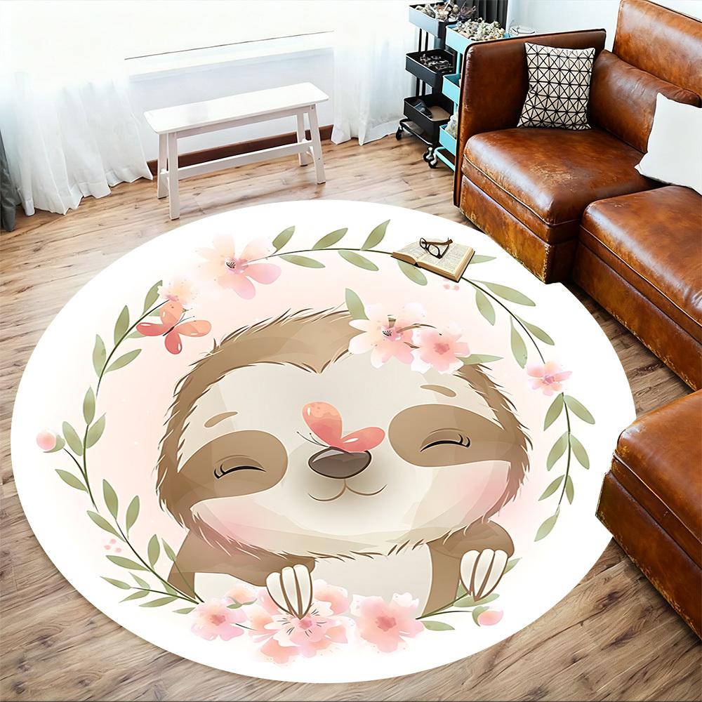 1pc Sloth Flowers Round Chair Mat Area Rug - Non-Slip, Floor Mat for Office, Bedroom, and Indoor Decor C1125618