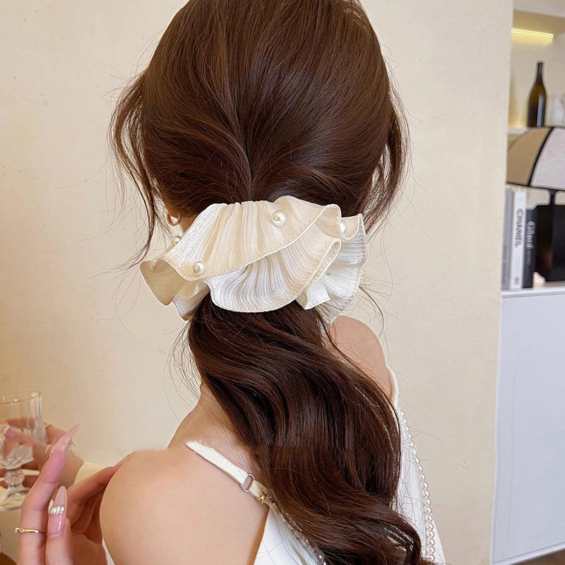 High-End Super Fairy Imitation Pearl Mesh Headband with Pleated Texture Floral Hair Rope Ponytail Accessory