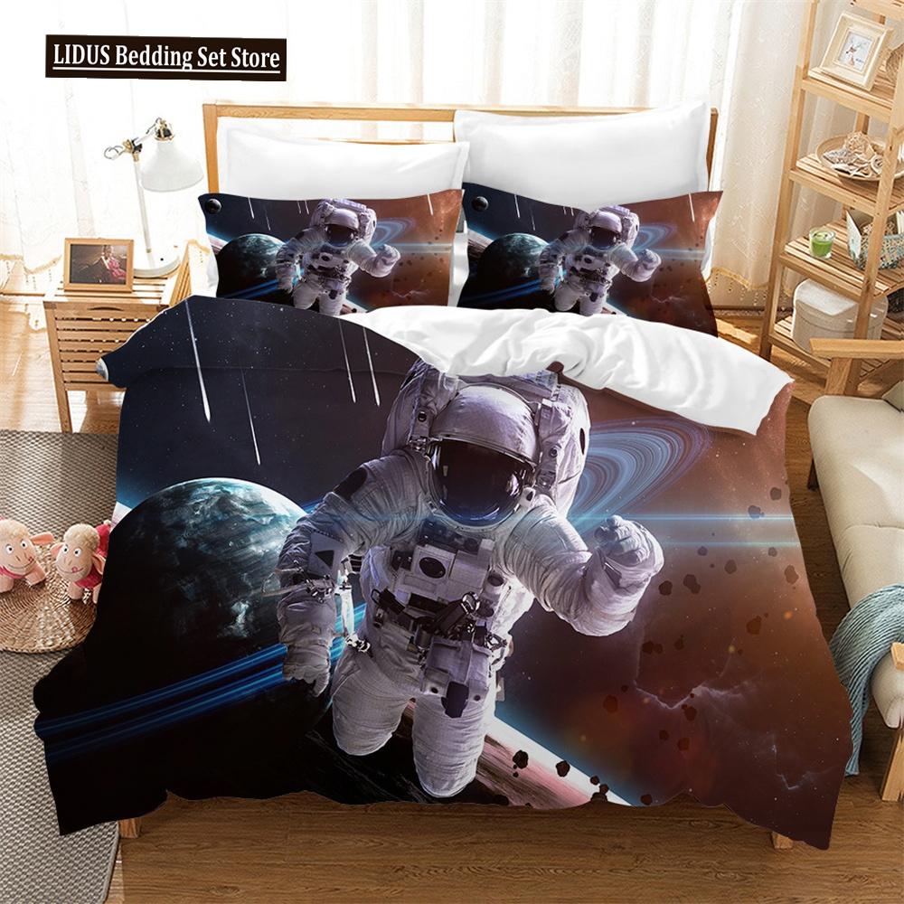 3D Astronaut Duvet Cover Set Galaxy Star Bedding Set Polyester Comforter Cover Girl Kid Bedroom Decor King Size With Pillowcase