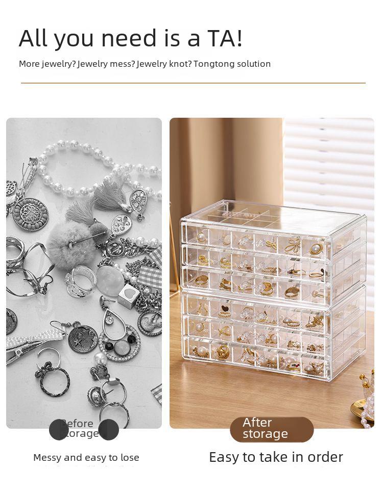 Cutie transparentă multistrat pentru depozitarea bijuteriilor, cu sertare pentru inele, cercei, coliere și brățări