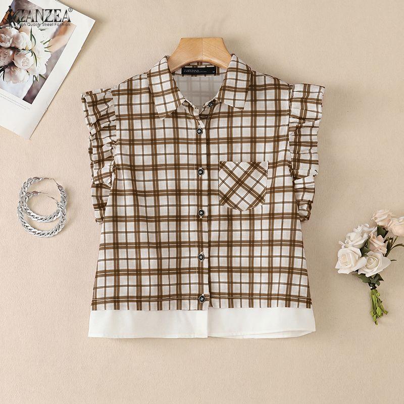 ZANZEA Women Casual Turn Down Collar Sleeveless Plaid Print Blouse