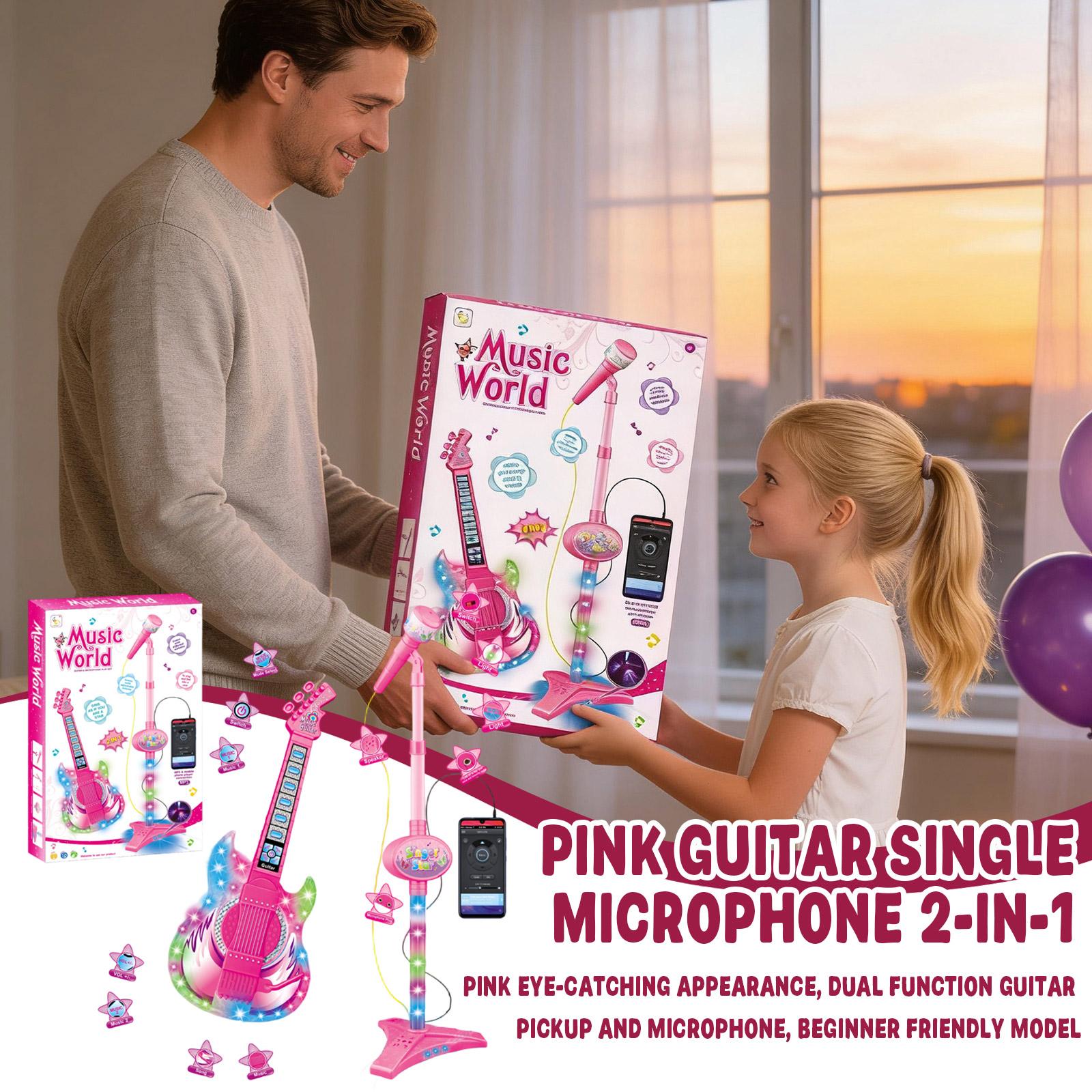 

Guitar And Microphone Set For Kids,Guitar Toys With Music&Colorful Light,Adjustable Height Microphone With Stand () One Size рожевий