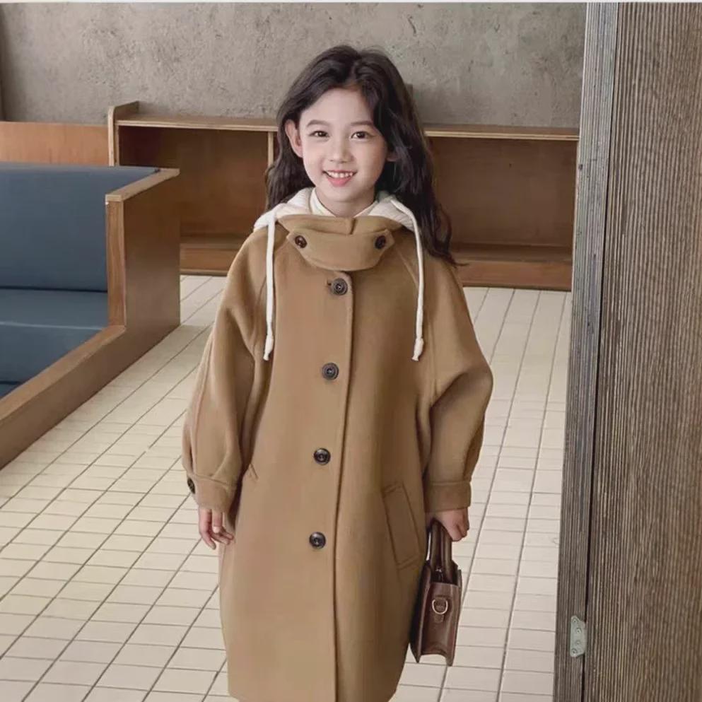 "2024 Girls' Medium/Large Woolen Winter Coat: Korean-Style Loose Cardigan Windbreaker"