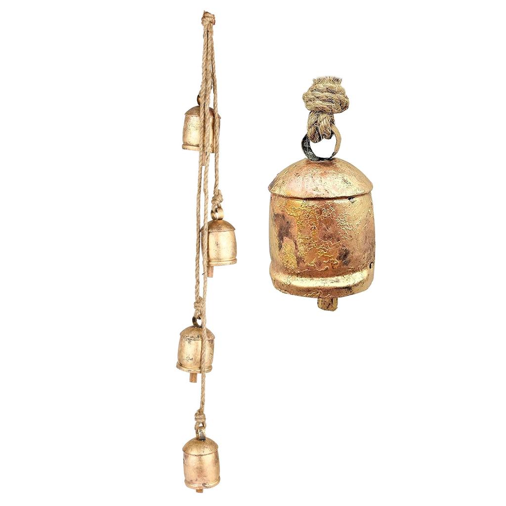36 Inch Large Gold Cowbell Wind Chime for Outdoor Garden, Handmade Rustic Entryway Decor with Vintage Jute Rope for Patio and Porch