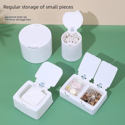 "Mini Desktop Storage Box with Pop-Up Cover for Cotton Swabs, Cosmetics, and Sundries - Dustproof and Ideal for Students"