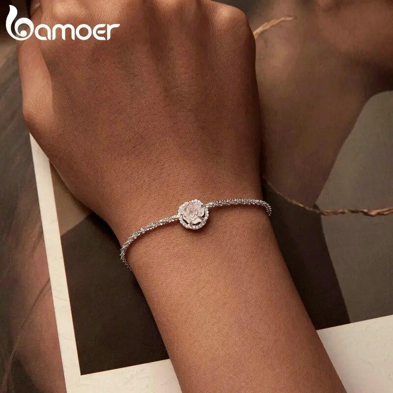 Bamoer 925 Sterling Silver Photosensitive Rose Charm Bracelet for Women | Flower Turns Red Bracelets with S925 5.9"+2.3" Cable C