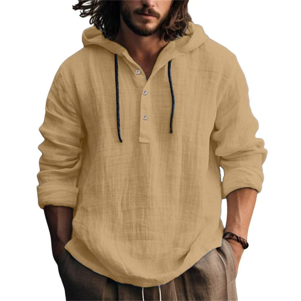 Men's Cotton Linen Hooded Sweatshirt - Casual Solid Color, Long Sleeve, Trendy Autumn Wear