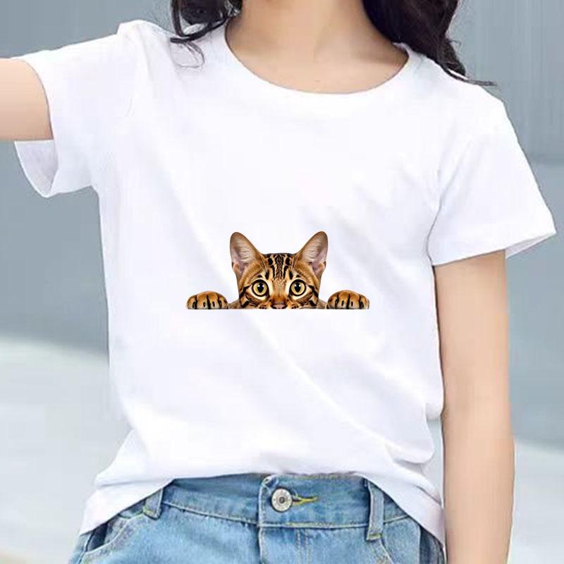 Kids Pure Cotton T Shirt Peeking Bengal Cat Print Crew Neck Short Sleeve Tee Casual Breathable Boys Girls Summer Tops