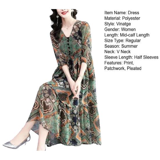 Women Midi Dress Pleated Printed Loose Hem Button Decor Patchwork Dress Up V Neck Vintage Lady Summer Dress Female Clothes