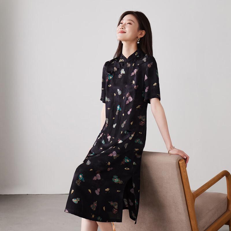 

SOFSIL Retro Print Stand Collar Black Dress XL