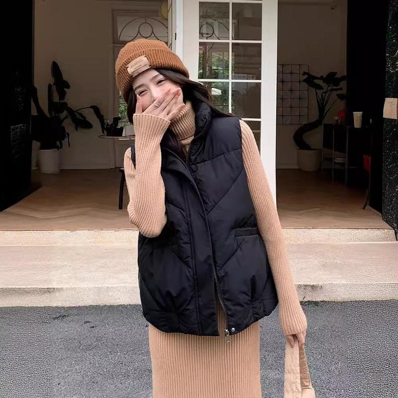 Stand-up Collar Short Vest Vest Women's Autumn and Winter Side Zipper Loose Down Cotton Jacket Vest