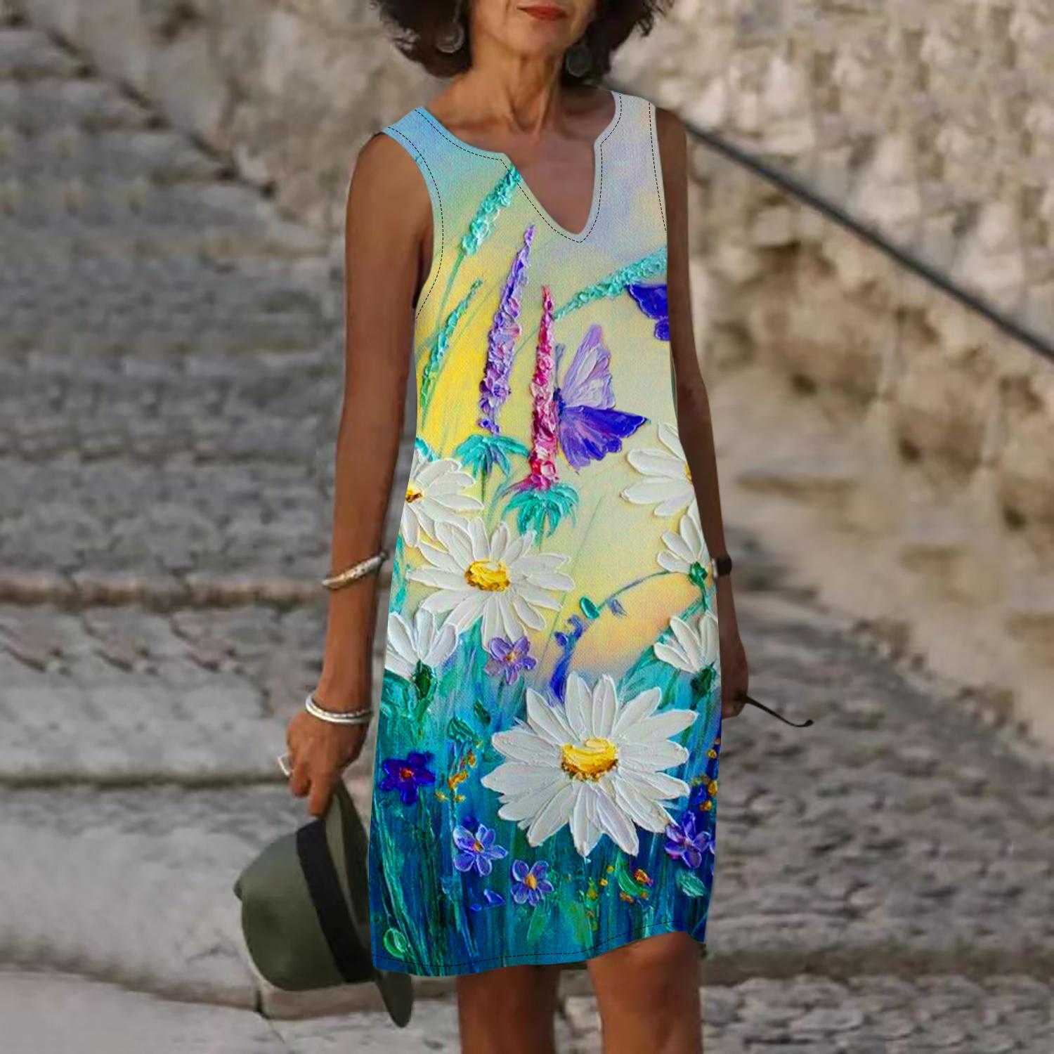 

Женское летнее платье с v-образным вырезом и принтом ромашек, повседневное модное платье без рукавов, повседневные свободные сексуальные платья размера плюс XS-8XL 8XL