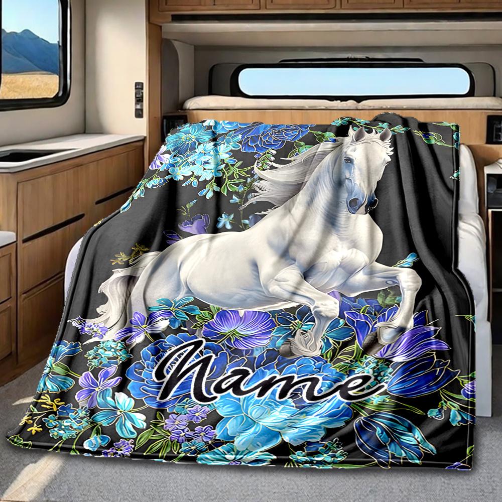 White Horse With Blue Flowers Blanket Personalized Name Soft Comfortable Stylish Blanket Car Blanket Perfect For Travel Camping Outdoor Home Suitable