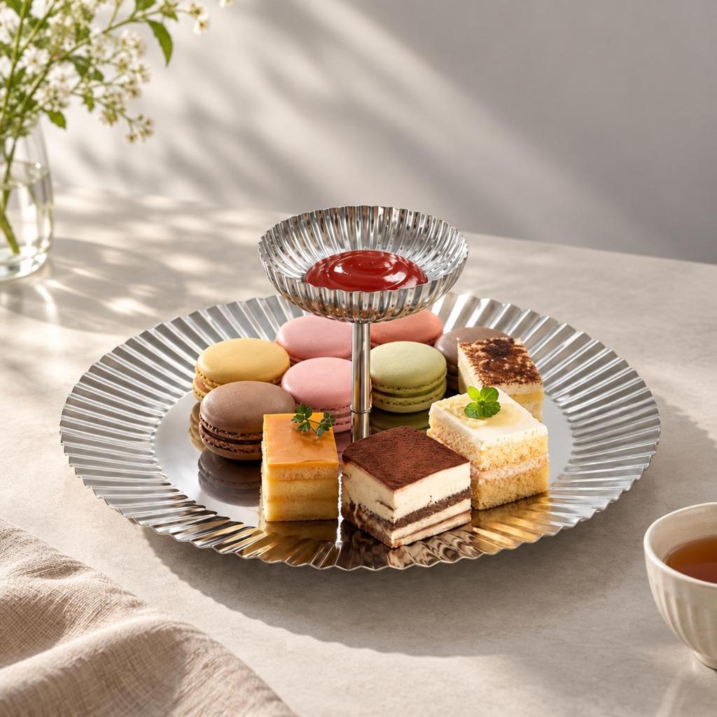 Stainless Steel Serving Plate with Raised Dipping Bowl Wipe Clean for Snack