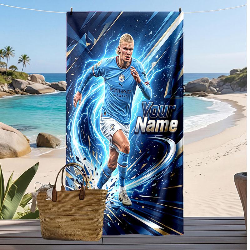 Asciugamano da Spiaggia Personalizzato Stampato Erling Haaland Logo Calcio Supporto Nome Personalizzato Testo Asciugamano Assorbente Per Sport Viaggio Regalo Speciale