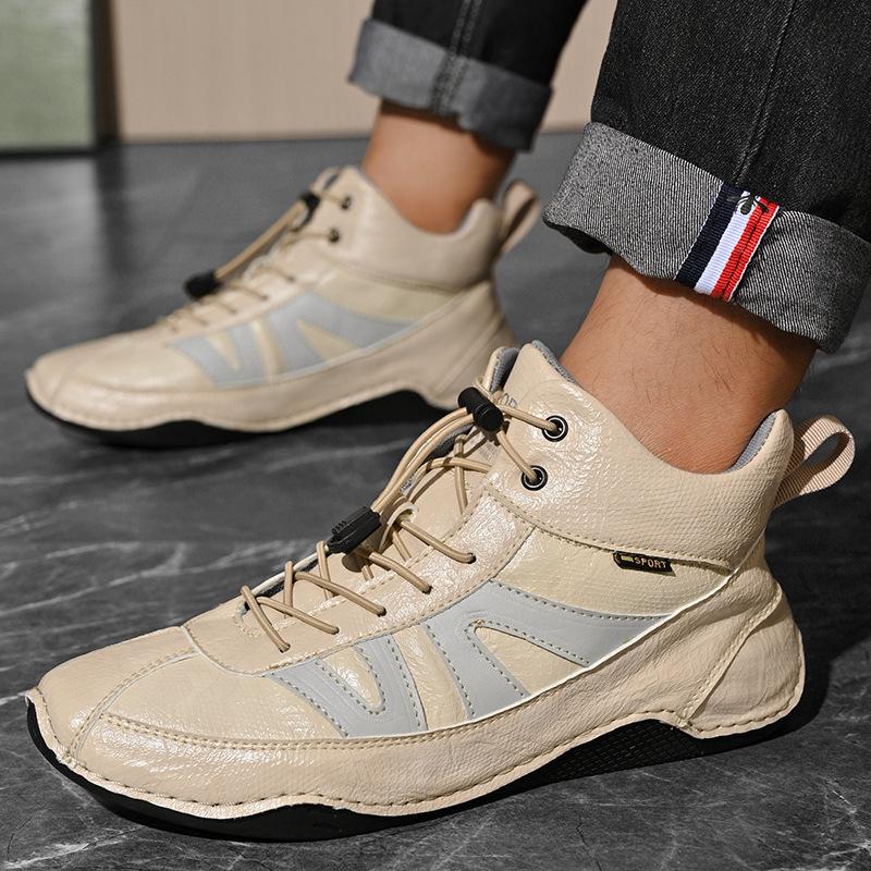 Men's High-Top Autumn Casual Leather Shoes - Genuine Leather, Soft Sole, Work Boots, Outdoor, Plus Velvet Cotton Lining