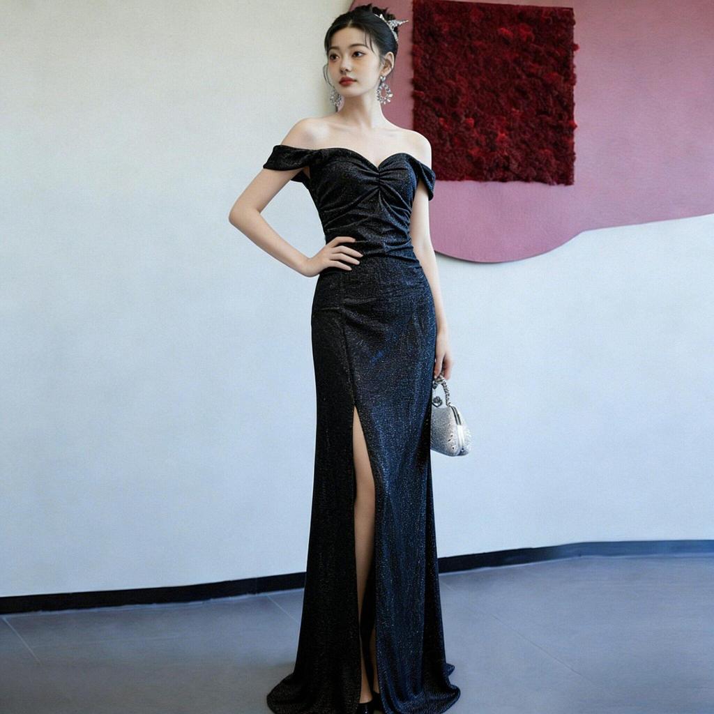 Black Elegant Long Dress Shoulder Women's New Banquet Temperament Art Test Atmosphere Performance Annual Meeting Host Dress