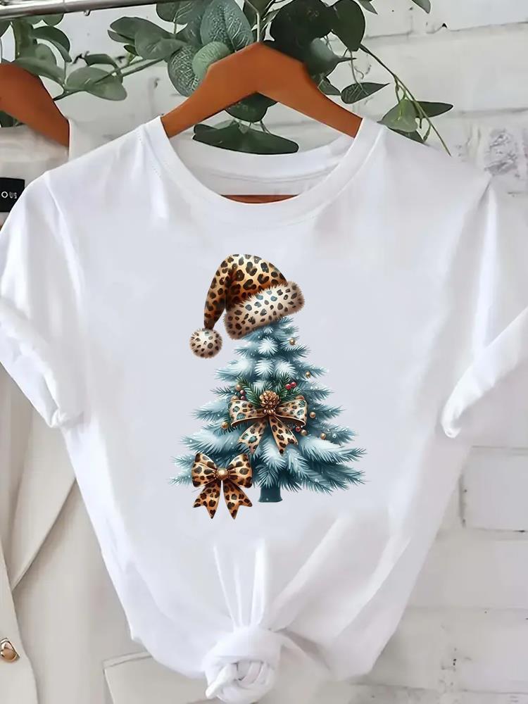 (Asian Size) Watercolor Cute 90s Short Sleeve T-shirts  Print Merry Christmas O-neck Women's Top New Year T Clothing Fashion Holiday Graphic Tee