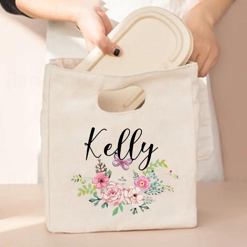 

Flower Customized Canvas Handbag Vintage Travel Camping Lunch Bag Personalized Name Storage Lunch Box Large Capacity Cooler Bags