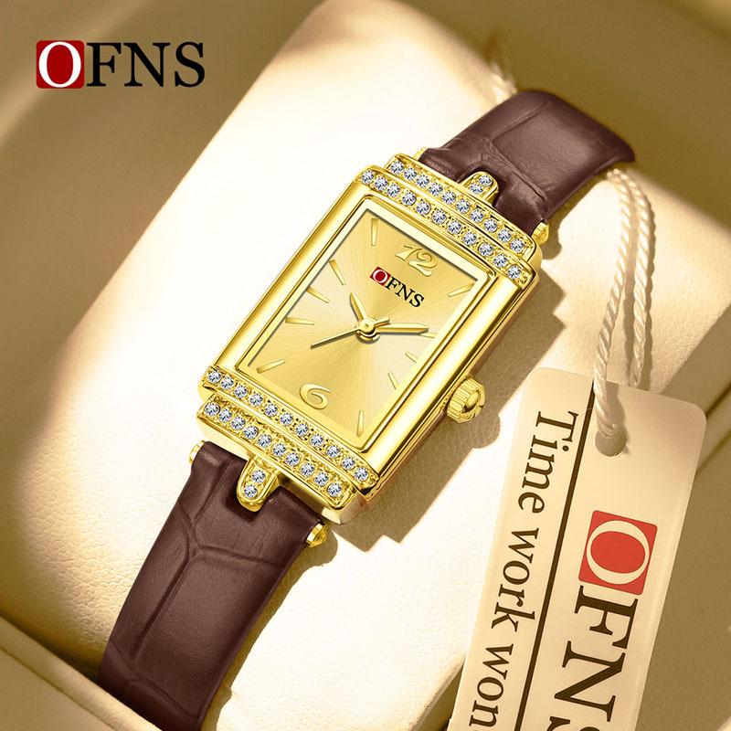 OFNS Women's Luxury Square Leather Strap Watch - Waterproof Quartz with Diamond Detailing