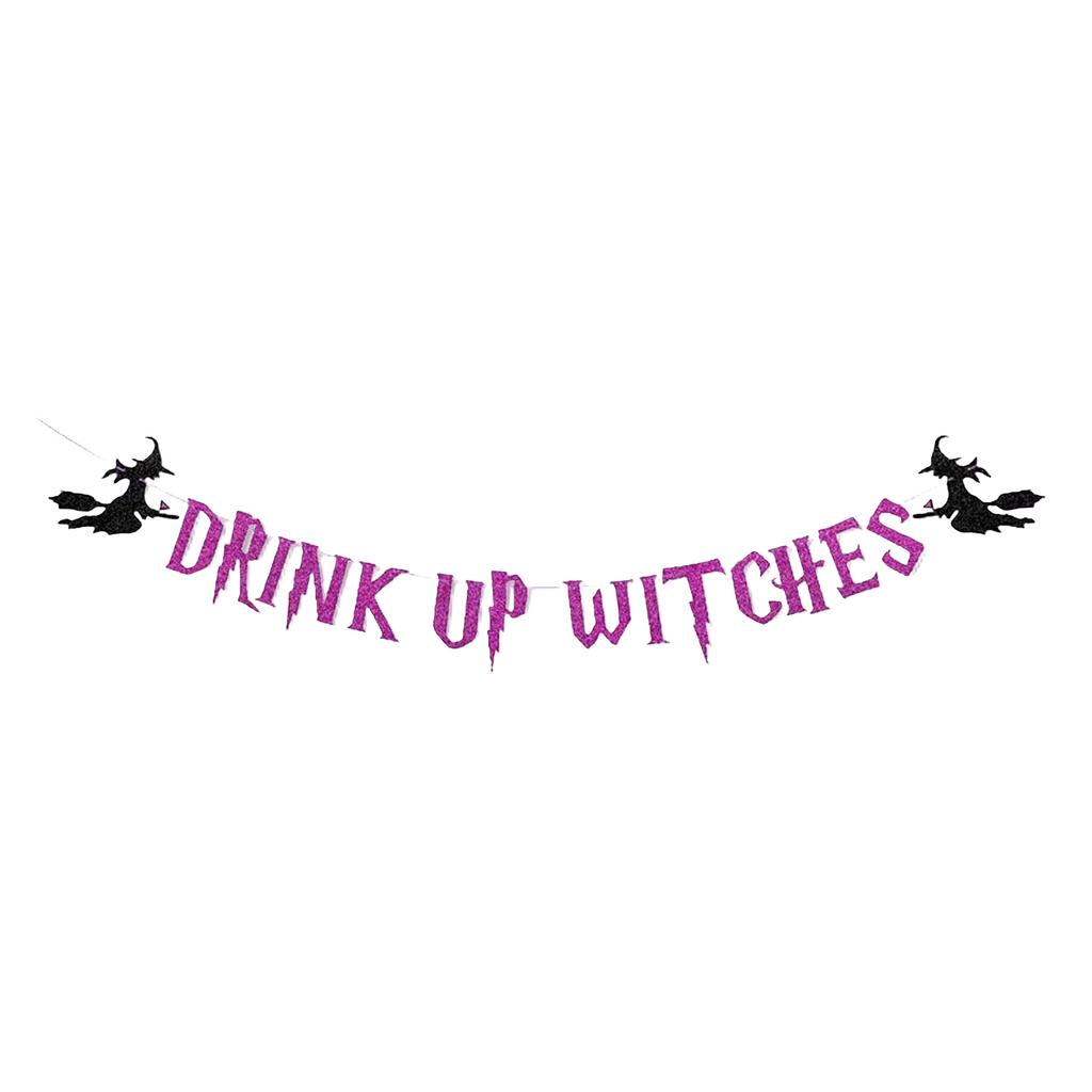 Halloween Party Decoration String Flag Witch DRINK UP WITCHES Purple Glitter  Flower