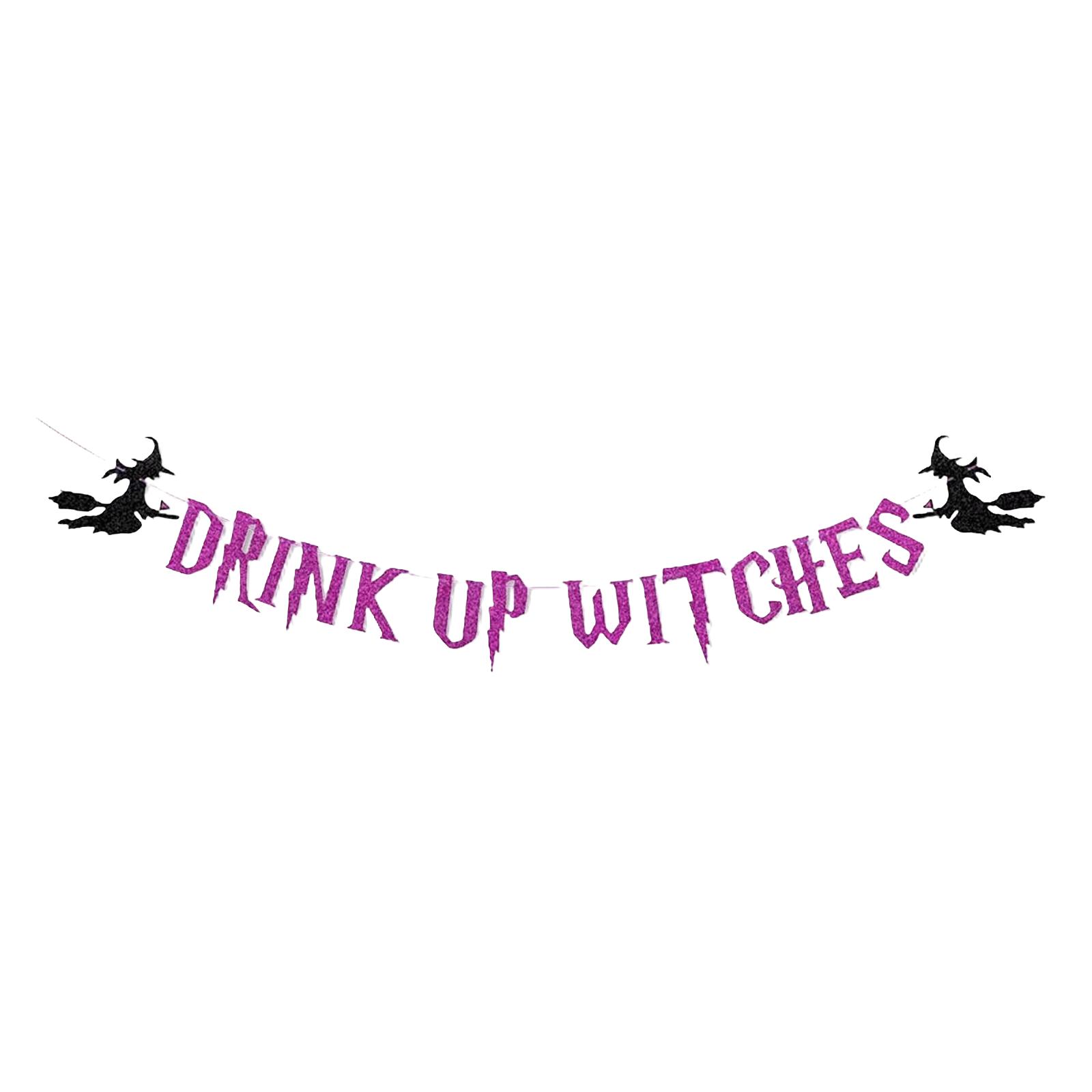 

Halloween Party Decoration String Flag Witch DRINK UP WITCHES Purple Glitter Flower One Size