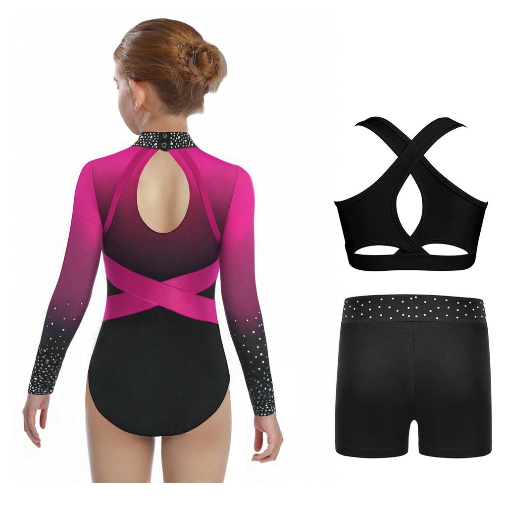 Girls Sparkly Rhinestones Color Block Leotard Long Sleeve Keyhole Back Design Cross Back Vest Shorts Skating Outfit