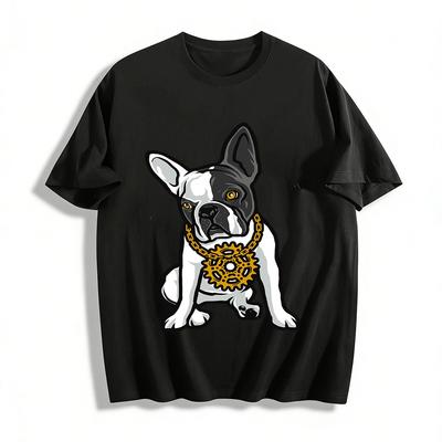 Street Style French Bulldog Gear Necklace Print Casual T-Shirt Pure Cotton T-shirt