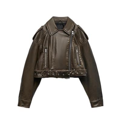 Women Faux Leather Jacket Spring Autumn Female Vintage Loose Zipper Coat with Belt Moto Biker Outwear