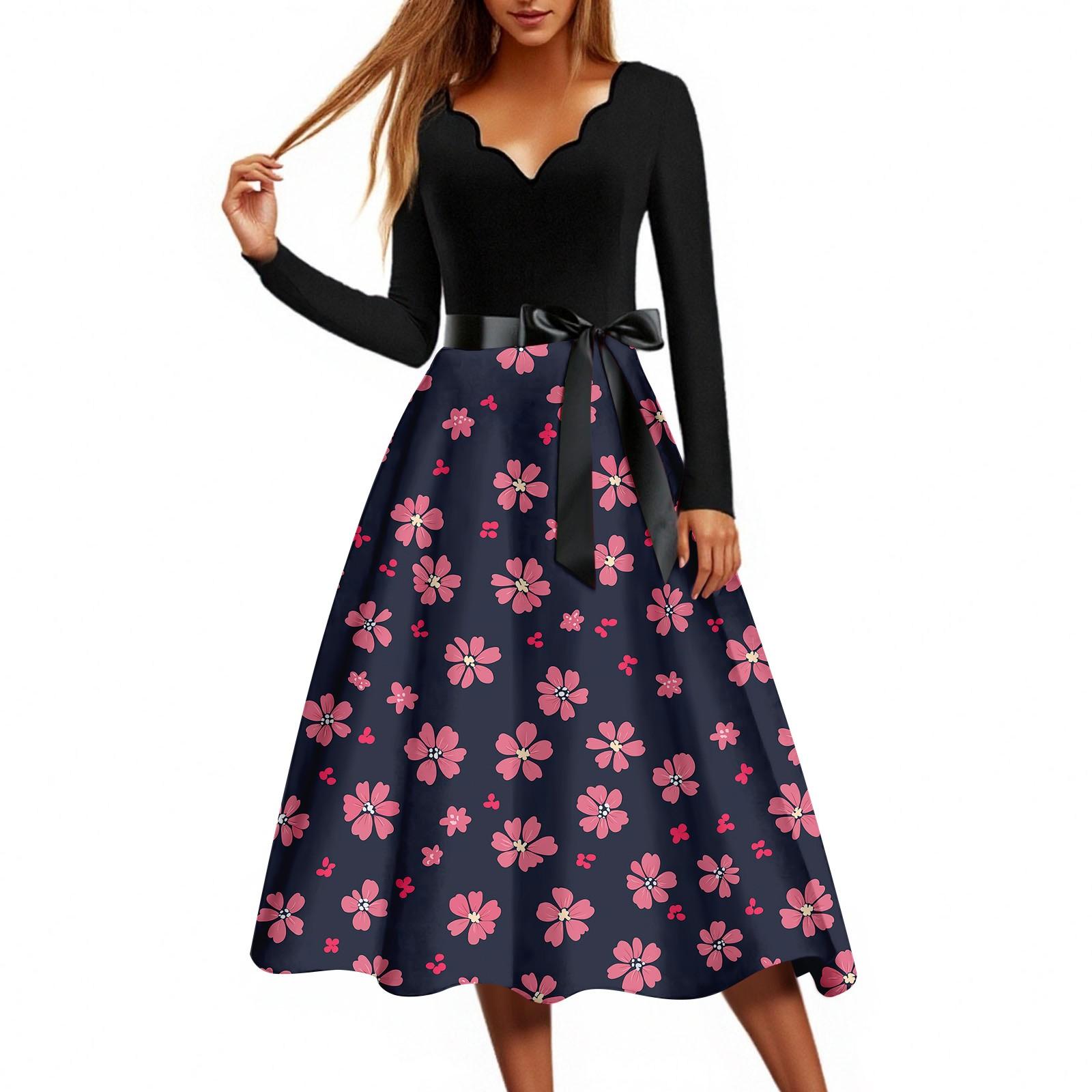 Women s Casual Fashion Floral Print V Neck Vintage Dress XL