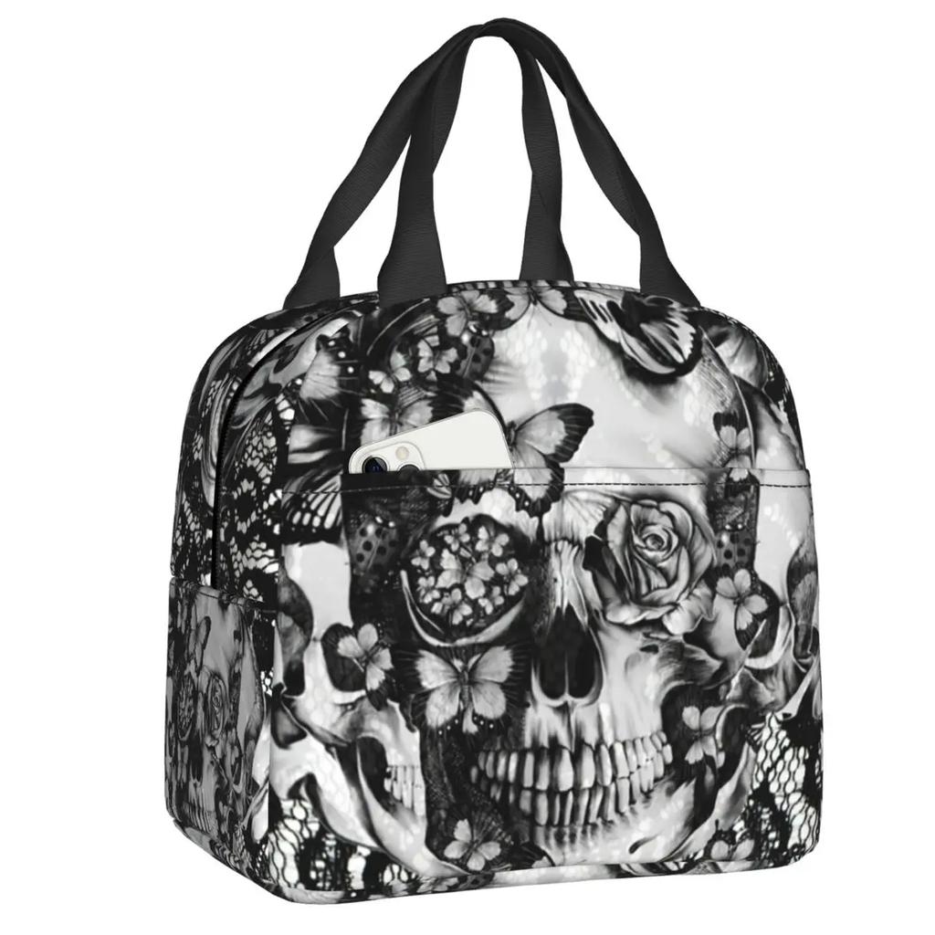 Navy Fade Victorian Lace Skull Resuable Lunch Box Multifunction Mexican Day Of The Dead Thermal Cooler Food Insulated Lunch Bag