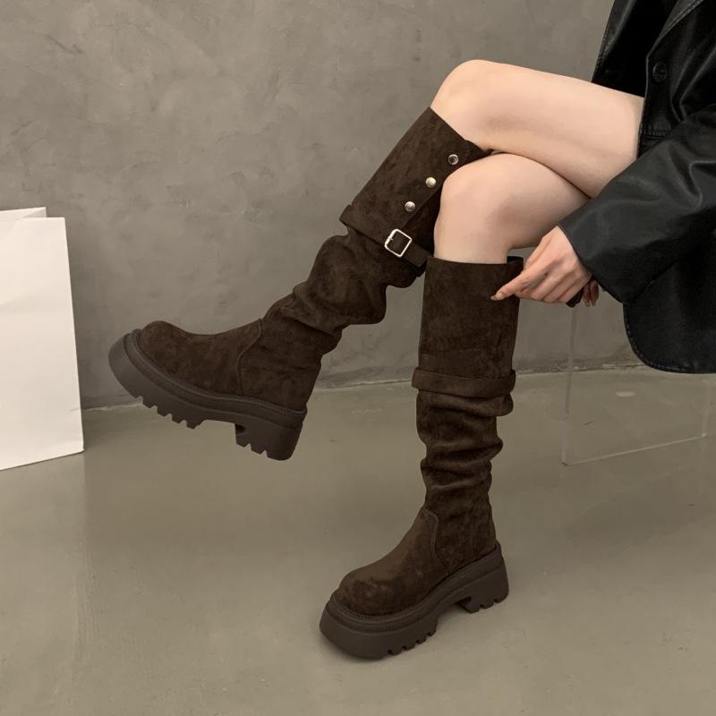 Korean Version of Casual Platform Boots Children's Sleeve Round Head 2025 Autumn New Thick Heel Knee Knight Women's Boots