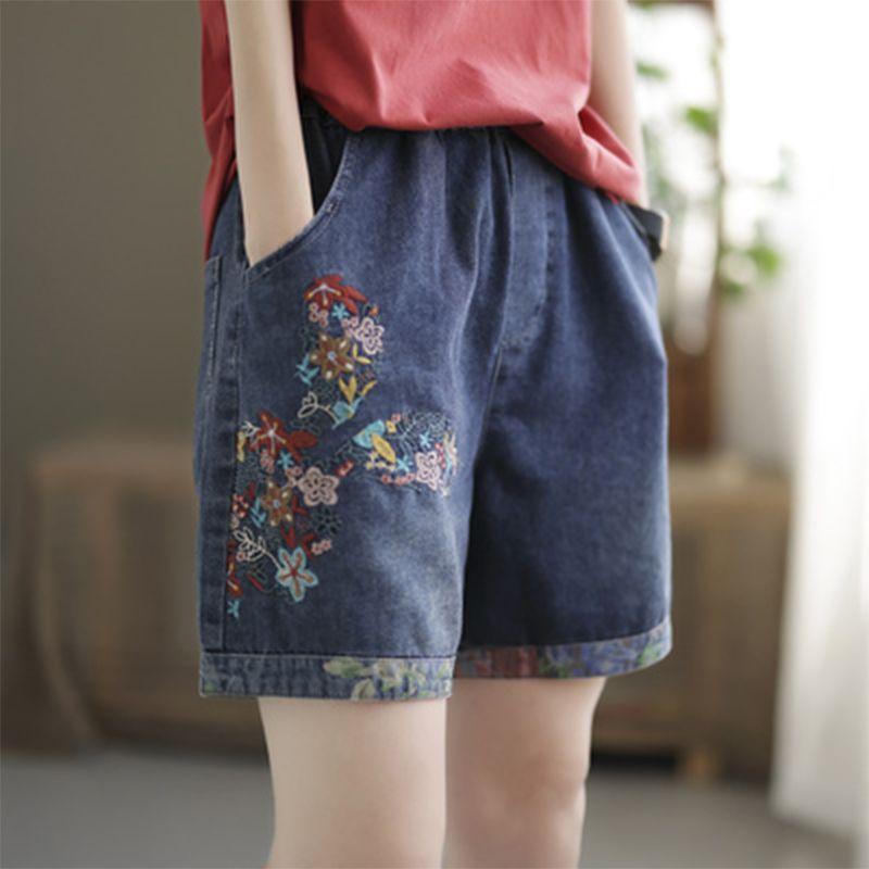 Vintage Style Big Pocket Denim Shorts Female Summer Fashion Embroidery Casual High Waist Short Pants Women 2025