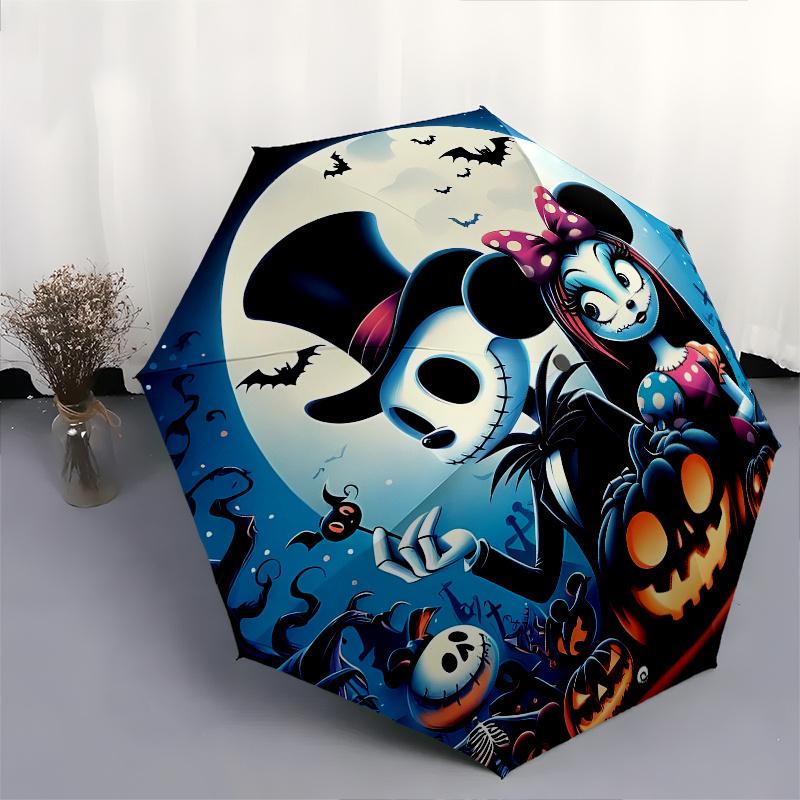 Ombrello a Apertura e Chiusura Automatica Jack Skellington, Sally - Ombrello Pieghevole Portatile a 8 Stecche con Manico in Plastica, Adatto per il Tempo Libero