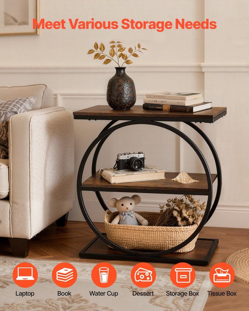 End Table, 3-Tier Narrow Side Table with Open Storage Shelves, Modern Nightstand Bedside Desk with Round Metal Frame, Wood Sofa Coffee Desk for Living
