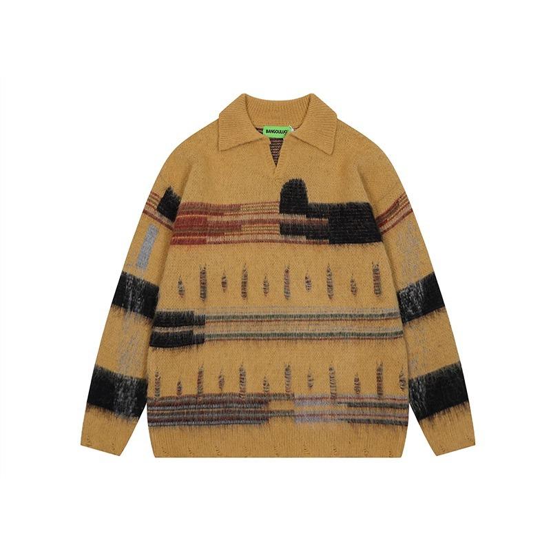 

Unisex Retro Color Block Knitted Sweater: Autumn Chic, Loose Fit, Casual Pullover with Turn-Down Collar. 2XL