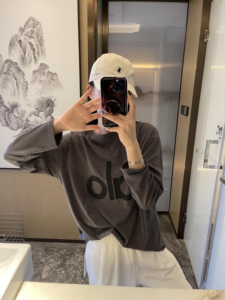 Camiseta de Manga Larga Unisex con Estampado de Letras Suelta de Cuello Redondo ALO Original Primavera 2026 - Hilo Doble de 300g