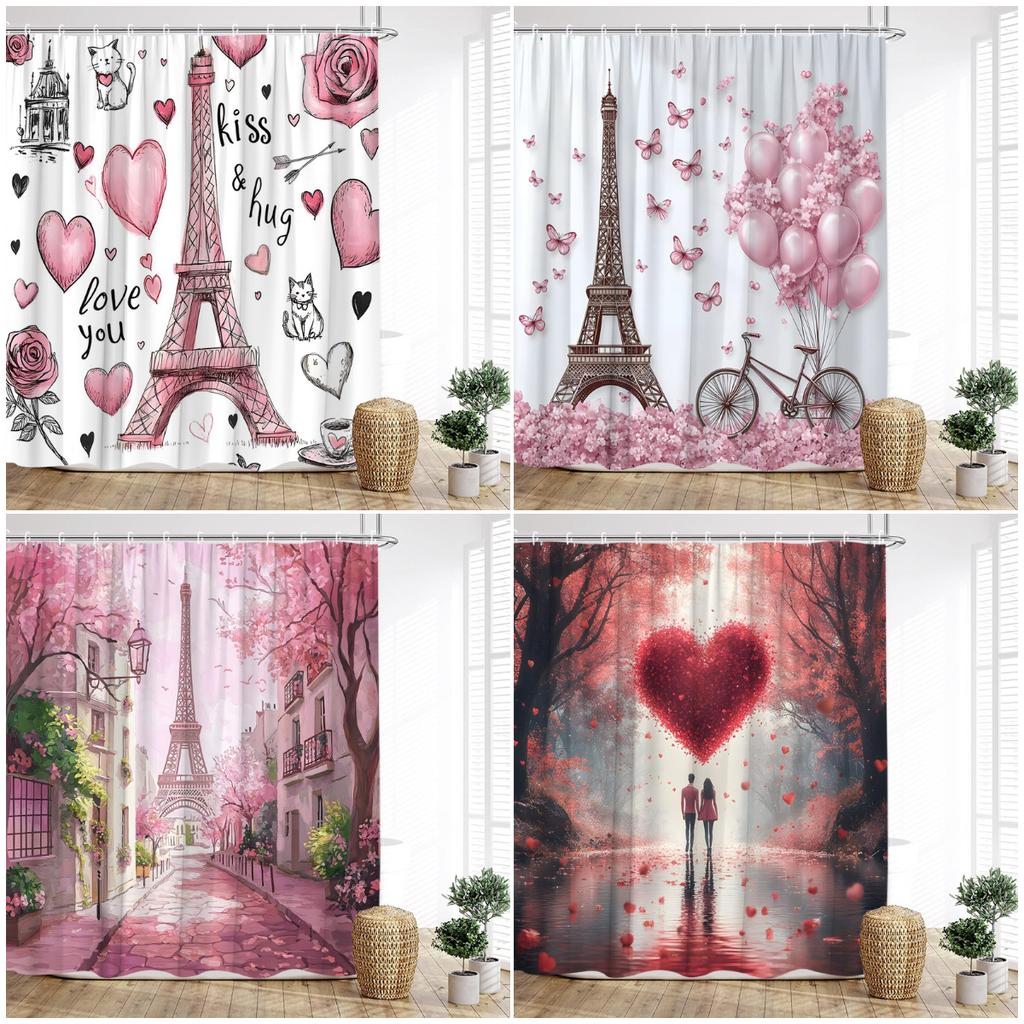 Vintage Paris Tower Shower Curtains Pink Butterfly Balloon Love Heart Floral Valentine'S Day Bathroom Curtain Decor With Hooks