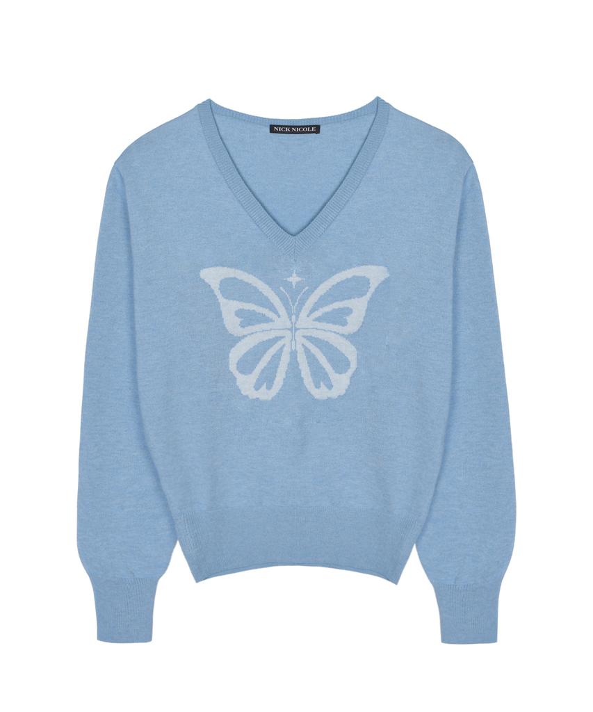 Nigaennikol Butterfly V Neck Jacquard Knit_Sky Blue