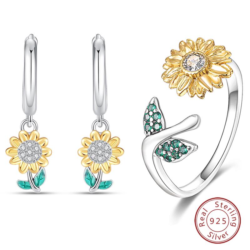 

925 Silver Classic Golden Sunflower Ring Earrings Pendant Set For Women Fine Birthday Jewelry Sets