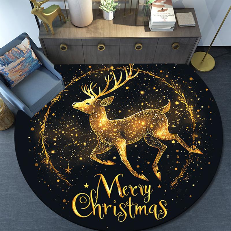 Golden Deer Round Area Rug,Carpet Rug for Living Room Bedroom Sofa Playroom Decor,Non-slip Floor Mat