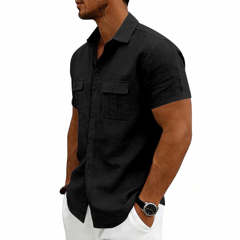 Men S American Casual Loose Short Sleeve Linen Work Shirt With Double Pockets