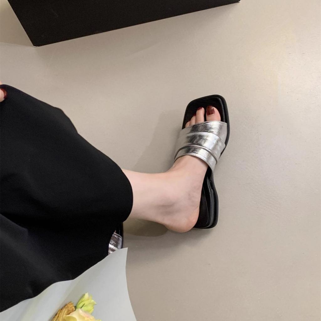 Sandały damskie na obcasie typu slope, lato 2025, nowe, retro, niszowe, z napisem „fancy” i napisem „drag”, francuskie, kwadratowe, grube kapcie