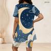 Women Plus Size Two Piece Set Wine Glass Floral Art Print Round Neck Short Sleeve Split Top Knee Length Pants