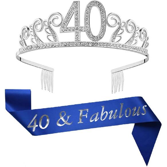 40th Brithday Silver Tiara and Sash, Glitter Satin 40 & Fabulous  Sash and Rhinestone Birthday Crown Happy 40th Birthday Decorations Party Supplies