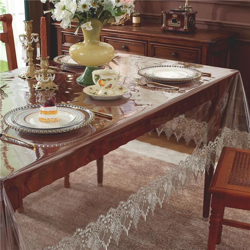 PVC Transparent Lace Tablecloth Household Waterproof and Oil Resistant Tea Table Protective Pad Rectangle Wear Resistant and Anti Slip Table Cloths