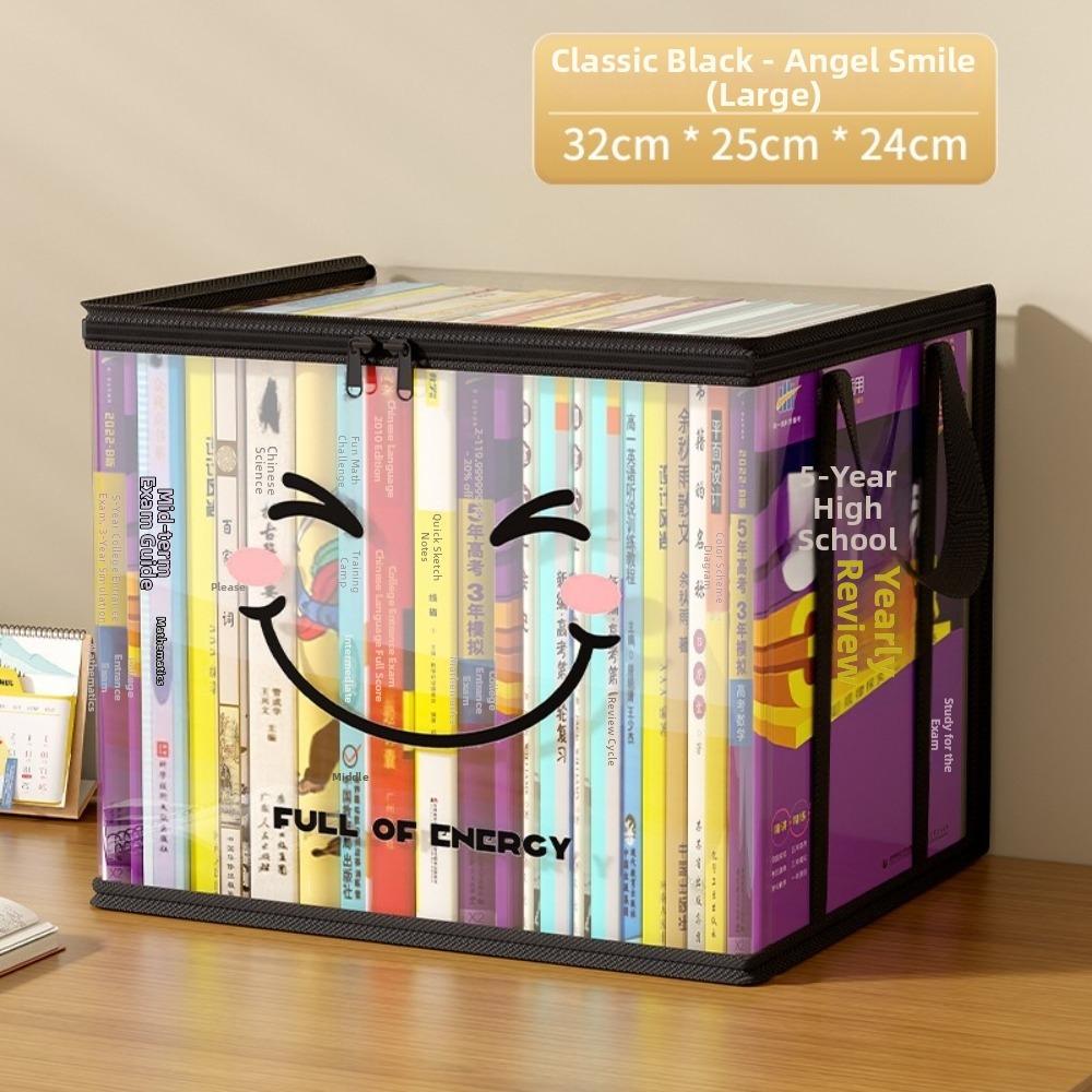 Große quadratische Buchaufbewahrungstasche PVC Transparenter Deckel Design Aufbewahrungsbox Reißverschluss Fröhliches Gesichtsmuster Organizer-Behälter Heimorganisation