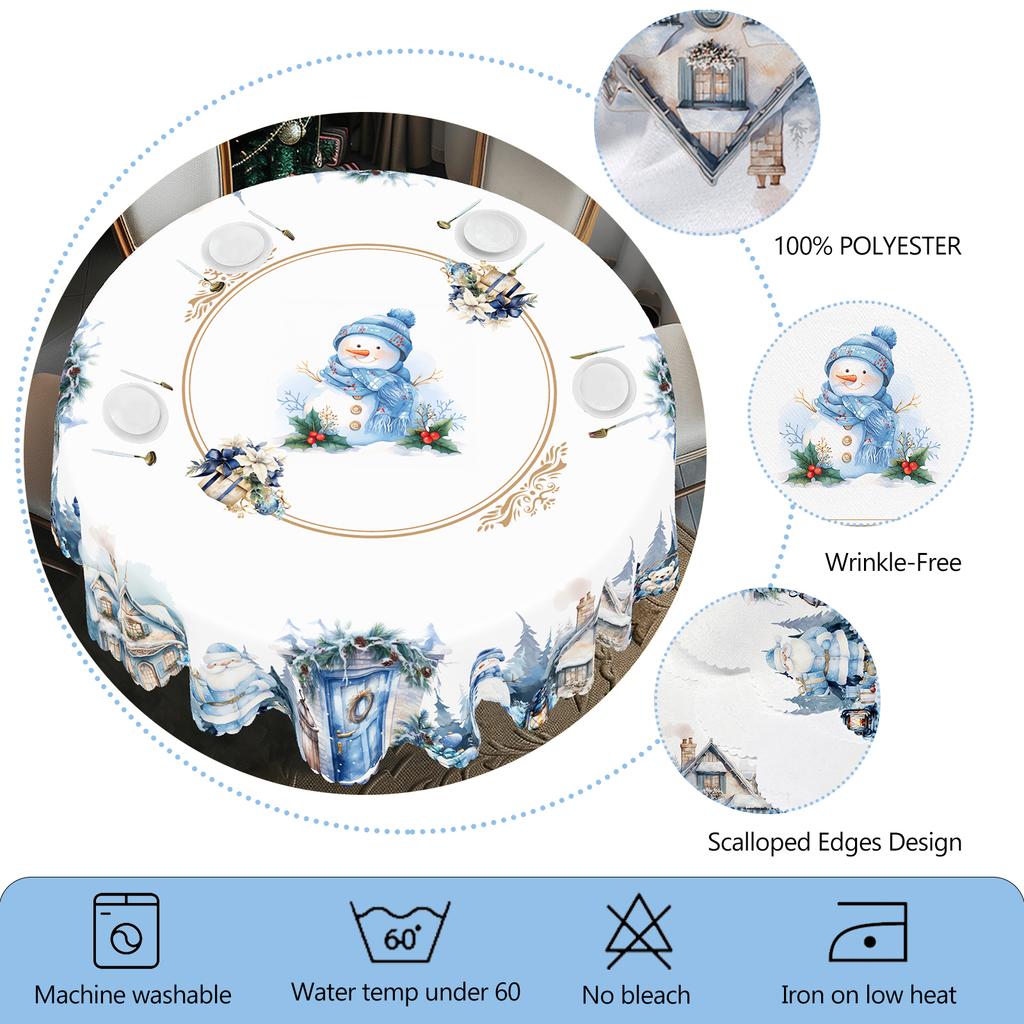 1 Piece Christmas Round And Rectangular Tablecloth, Various Sizes, Cute Snowman Blue Tablecloth, Christmas Patio Tablecloth Decoration, Suitable For D