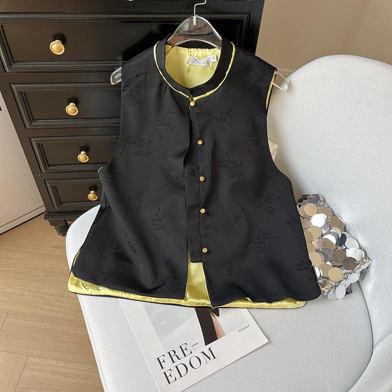 

2025 атласный жилет женский черный темпераментный высококлассный воротник-стойка без рукавов жилет топ XXXL [Recommended 138-75kg] чёрный