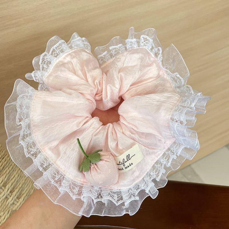 

Изысканные эластичные кружевные резинки для волос с клубникой, милые большие кружевные резинки для волос, корейский стиль, тканевое, преувеличенное кольцо для волос, на каждый день розовый